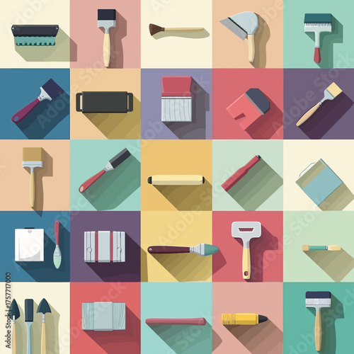 A collection of various painter's tools, arranged in a grid of colorful squares. Each tool cast long shadows