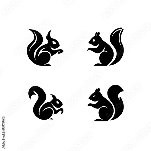 Vector set of black squirrel silhouettes. Cute woodland animal icons, stylized rodent graphics for nature, forest, and wildlife designs.