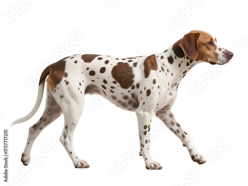 A spotted dog is shown in profile, walking with a graceful and steady movement.