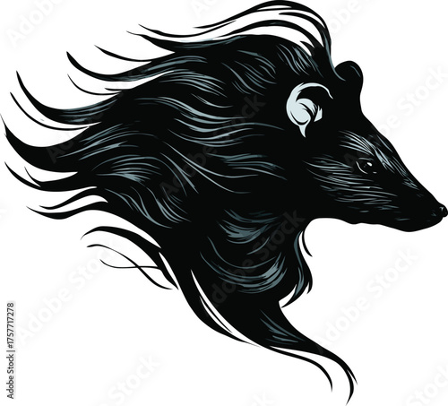 Stylized black honey badger head illustration, fierce honey badger profile with flowing fur, wild animal mascot vector graphic for sports logos