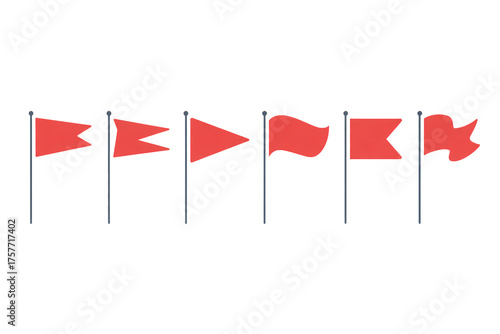 Collection of distinct red flags on poles signaling diverse alerts and warnings