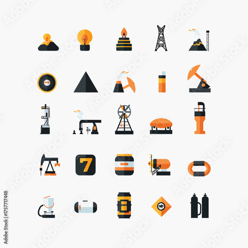 A grid of flat, stylized icons representing energy, oil, and gas industries