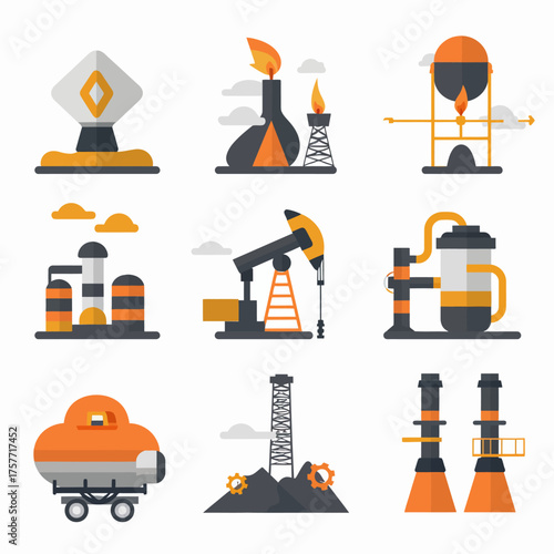 A set of nine flat design icons depicting the oil and gas industry elements