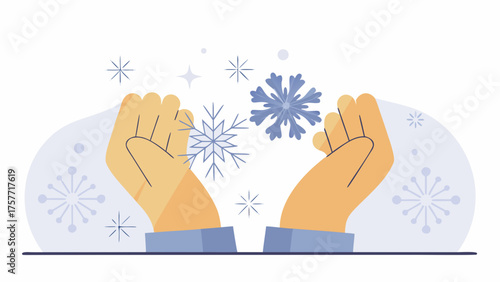 Hands catching snowflakes in winter with a light blue background -  