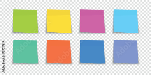 Collection of different colored sheets of note papers. Set of sheets of note papers. Collection of sticky notes with shadow. Realistic paper stickers for your message. Vector illustration