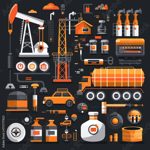 Vector graphic depicts an orange-themed oil industry, including pump jacks, trucks, and refinery elements