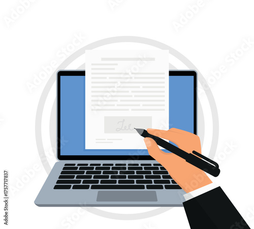 Isometric electronic signature concept. Electronic signature on laptop.  Electronic document, digital form attached to electronically transmitted document. Vector illustration