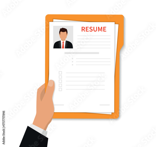 Resumes. Resume form. Resume template. Selecting staff. Concept of human resources management. Searching professional staff. Concept of employment. Business resume. Vector illustration