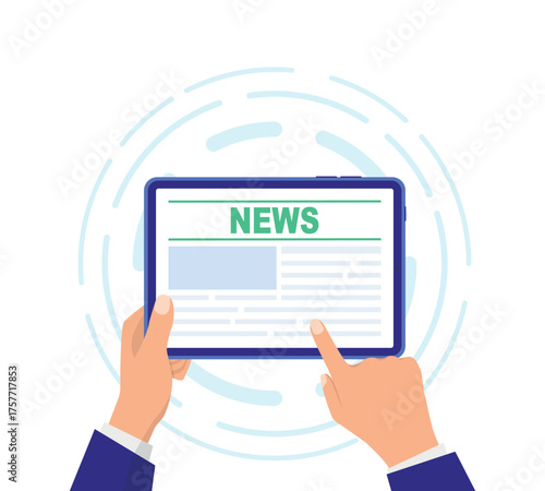 Online news. Online reading news. News website on tablet screen. Tablet with newspaper, news site. News webpage, information about events, activities. Vector Illustrations