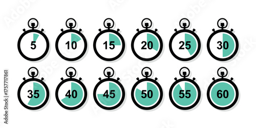 Set of timer icon. Stopwatch. Clock, time. Countdown. Set of icons with different time.  Chronometer, timer sign. Flat illustration of stopwatch vector icon for web design. Vector illustration