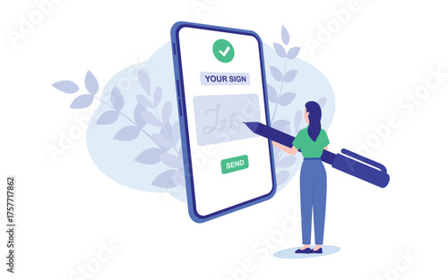 Isometric electronic signature concept. Electronic signature on smartphone screen. Electronic document, digital form attached to electronically transmitted document. Vector illustration