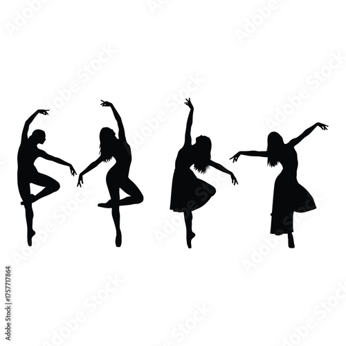 Silhouettes of diverse ballet dancers in dynamic poses expressing grace and movement vector