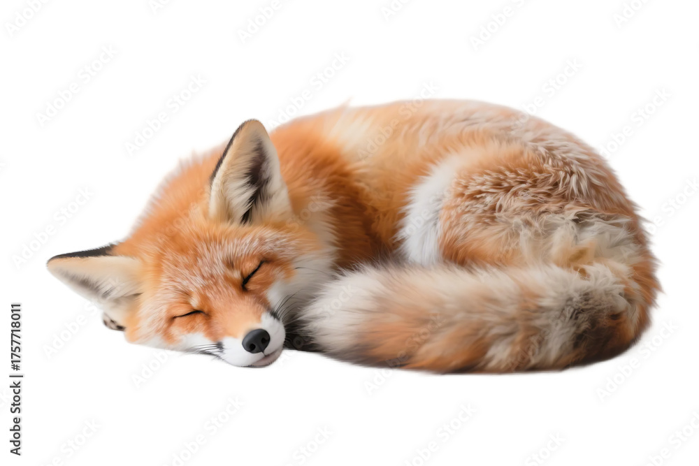 Obraz premium A red fox is seen sleeping peacefully with its eyes closed, showcasing its soft fur and relaxed posture.