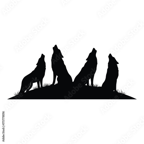 Silhouette of four wolves howling together on a hilltop at dusk wildlife scene vector