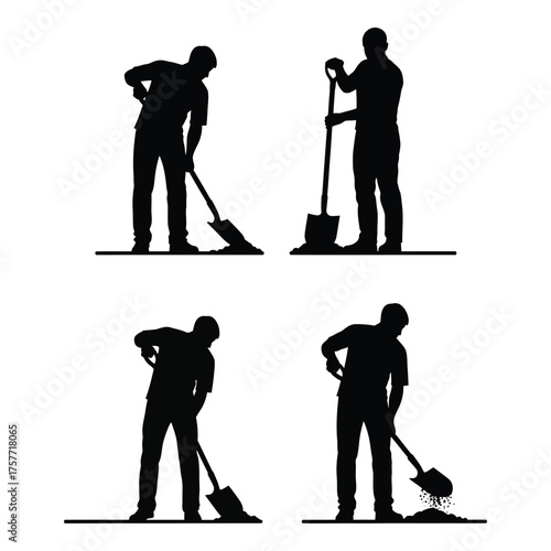 Silhouette of a person digging with a shovel in four different poses dynamic action vector