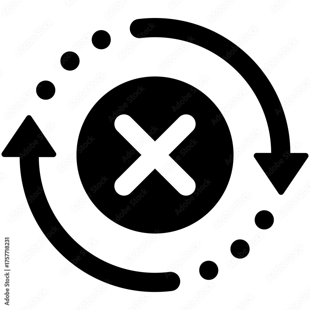 Fototapeta premium Black round check sync disapproved icon, simple failed rotating spin with crossmark flat design pictogram vector, app logo ads web webpage button ui ux interface elements isolated on white background