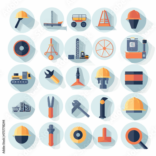A collection of construction tools and equipment icons in a flat design, enclosed in circles