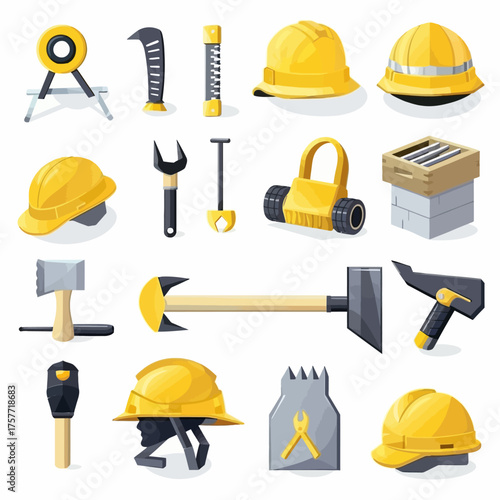 A stylized, flat-design icon set of yellow construction tools and safety helmets