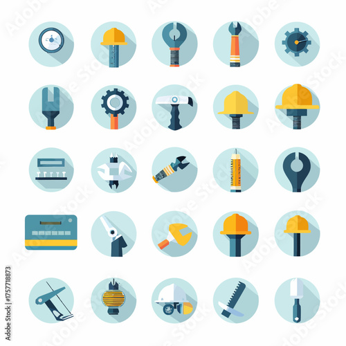 Collection of flat design illustrations of various tools and construction related items