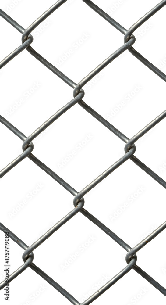 Fototapeta premium Close-up view of a metallic chain-link fence showing its diamond-shaped mesh pattern against a white background.