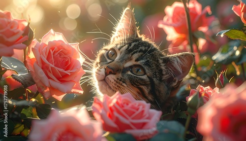 Adorable kitten nestled among soft pink roses, sunlight gleaming