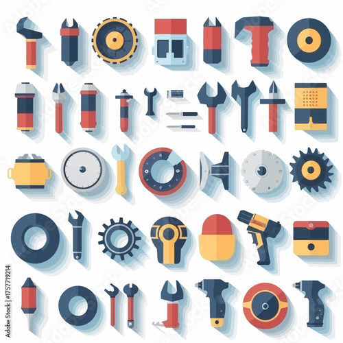 A stylized array of mechanical tools, including wrenches, gears, and power equipment, casting soft shadows
