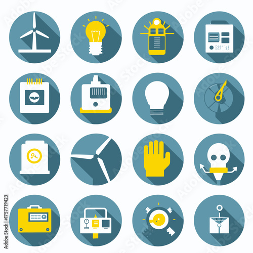 Sixteen circular icons featuring various objects associated with energy, engineering, and potential hazards