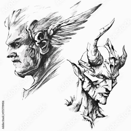 Detailed fantasy character sketches: mythical elf-like warrior with winged ears and menacing horned demon illustration