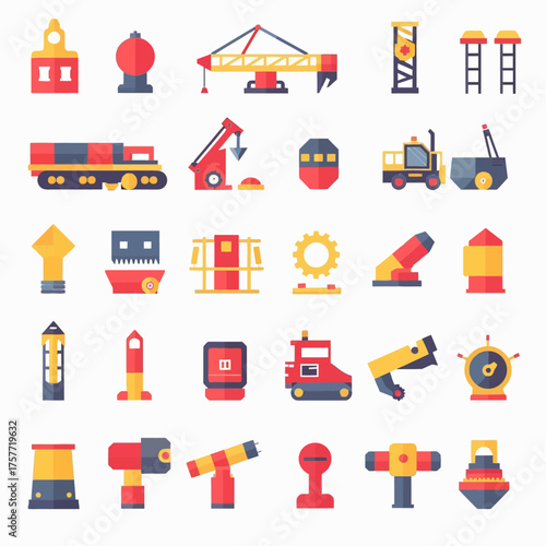 A set of colorful, flat-design icons featuring industrial machinery, vehicles, and instruments