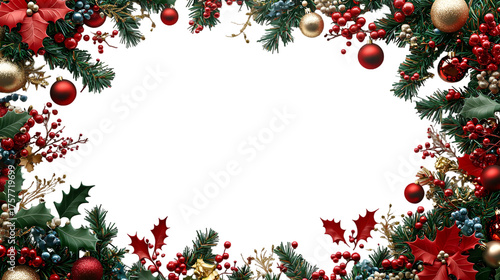 Festive Christmas wreath border with red and gold ornaments, holly and pine_perfect for holiday cards.