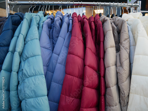 Colorful winter jackets hanging on clothing rack in outdoor market, warm padded coats in various shades of blue, red, gray and white, fashion display for cold season apparel collection showing diversi