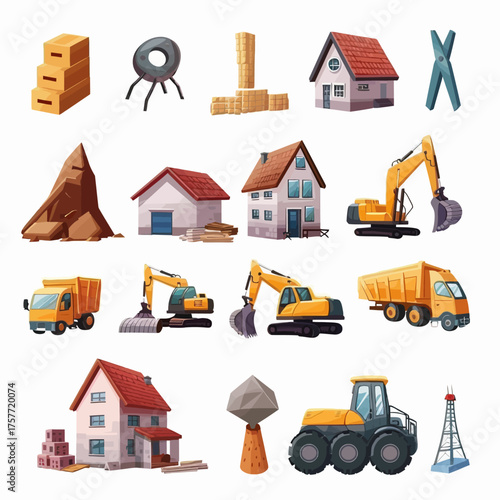 A colorful illustration featuring various construction elements and equipment on a white background