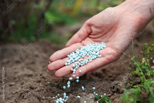 Gardening time. Woman pouring fertilizer into soil outdoors, closeup. Space for text