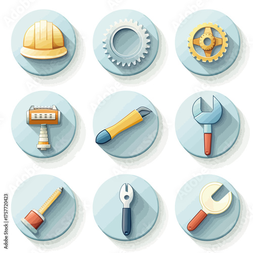 Vector illustration featuring nine industrial icons including gear wheels, tools, and a protective helmet