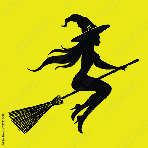 Black silhouette of a beautiful witch with long hair flying on a broomstick.