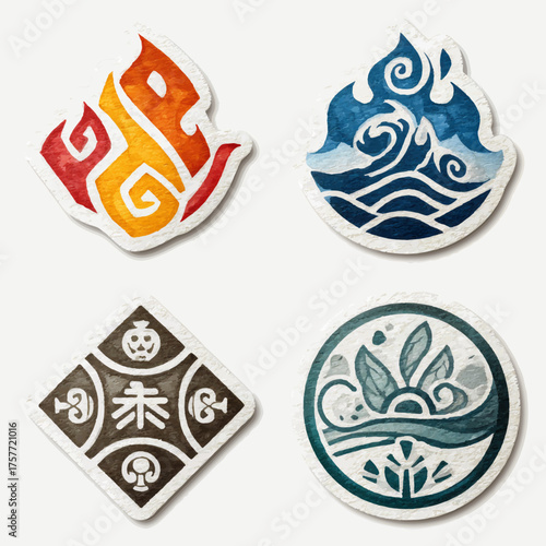 Watercolor Elemental Symbols: Mystical Set of Fire, Water, Earth, and Nature Icons. Spiritual Graphic Design Elements.