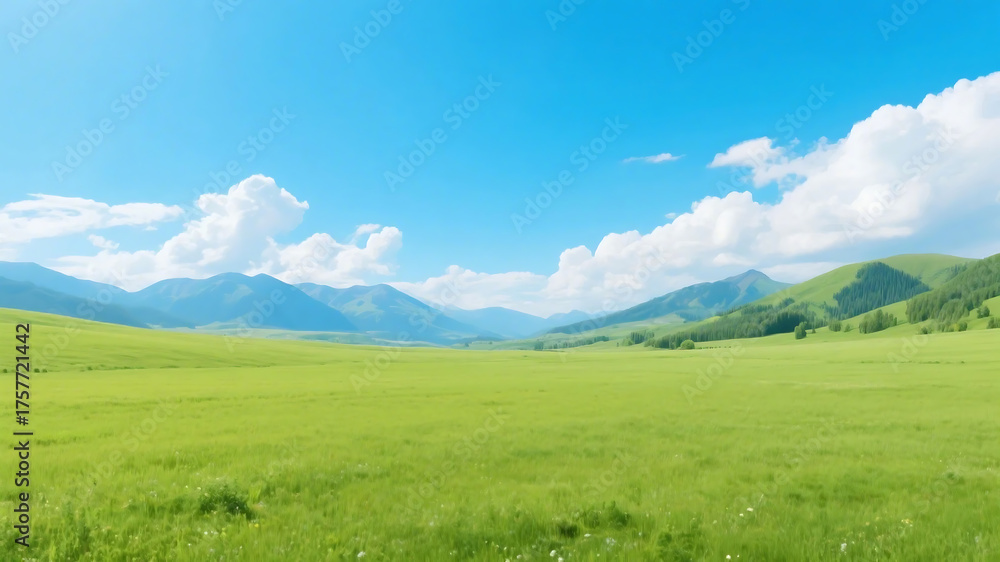 Fototapeta premium A vast green meadow stretches under a clear blue sky with distant mountains, showcasing a natural and serene landscape.