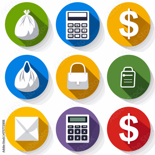 A graphic with various icons representing money, finance, calculations, and related items