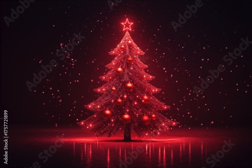 Elegant red tree glowing against a black background, creating a striking and dramatic holiday scene. A bold and modern festive concept perfect for luxury, celebration, and creative designs.