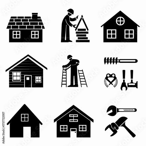 A collection of black silhouette icons depicting construction workers, houses, and various tools