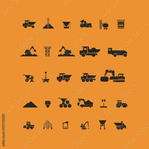 Collection of construction equipment silhouettes on an orange background. Various heavy machinery icons