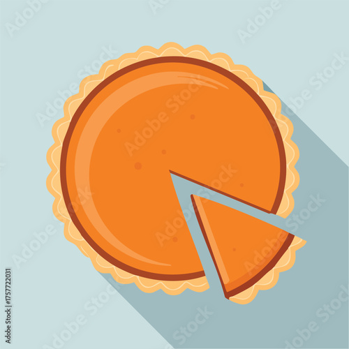 Top view illustration of a whole pumpkin pie with a single slice removed.