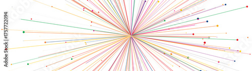 Colorful long linear rays expanding horizontally from center point creating abstract burst panorama with dots on white, futuristic motion background for design and art