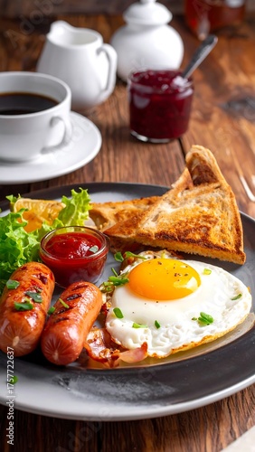 Wallpaper Mural A hearty breakfast eggs, sausage, toast, coffee, and condiments Torontodigital.ca