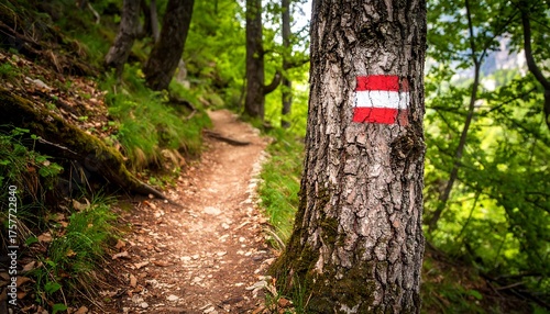 Hiking trail marker in a lush forest