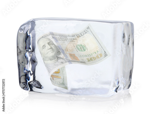 Dollar bill in ice cube on white background. Frozen money