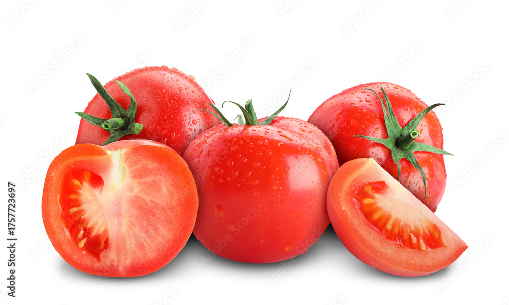 Fototapeta premium Fresh tomatoes isolated on white. Whole and sliced