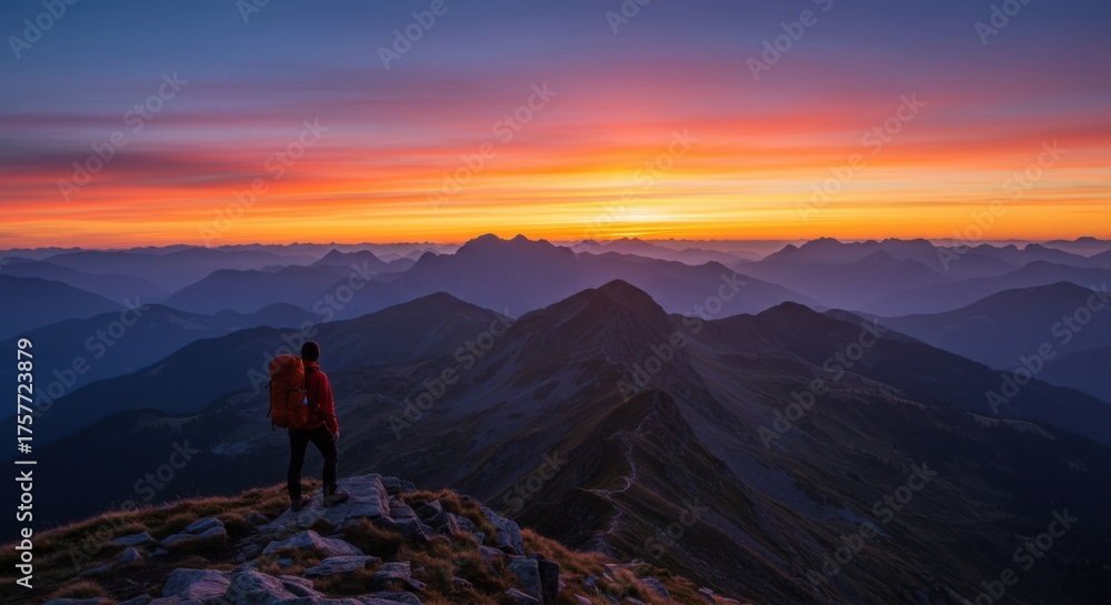 Fototapeta premium Adventurer observing stunning mountain landscape at dawn for international mountain day inspiration