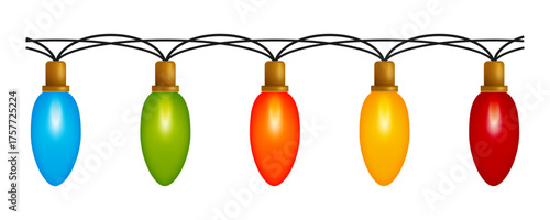 Electric string of colorful glowing bulbs on transparent background. Retro 80s 90s holiday lights for Christmas, New Year, birthday, or wedding decor.