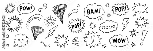 Collection of hand drawn comic book style sound effects words and explosions in black and white